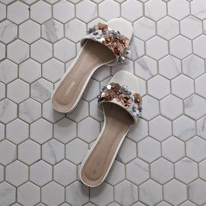 le chateau White Slide Sandals with Rose Gold & Silver Floral Accents